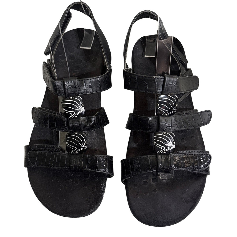 Vionic Amber Black Croc Embossed Orthaheel Sandals Womens 8 TVW1275 Strappy Flat